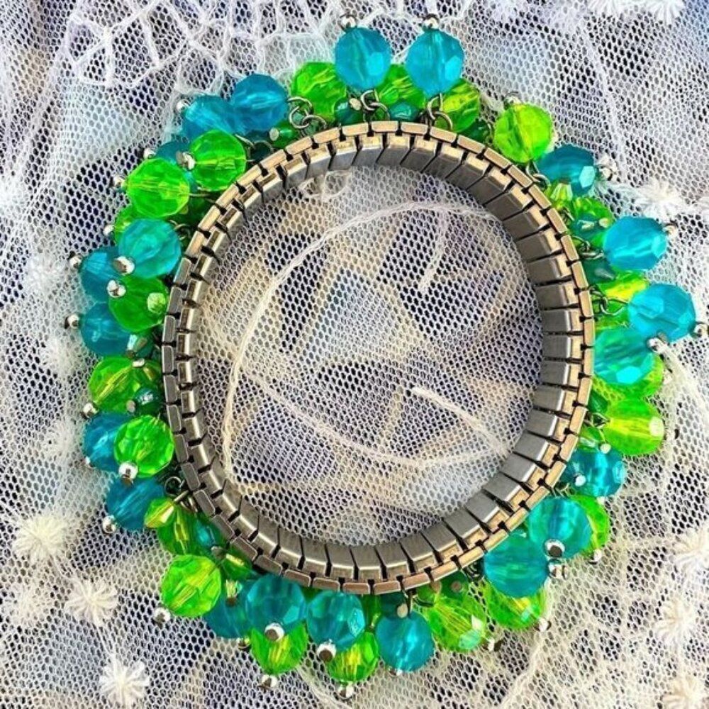Vintage Green & Blue Acrylic Bead Watchband Chacha Bangle - Picture 8 of 8